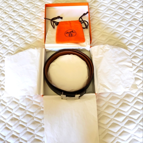New, Hermes Sterling Silver Buckle & Reversible Leather Belt In Black Or Brown - Picture 11 of 12